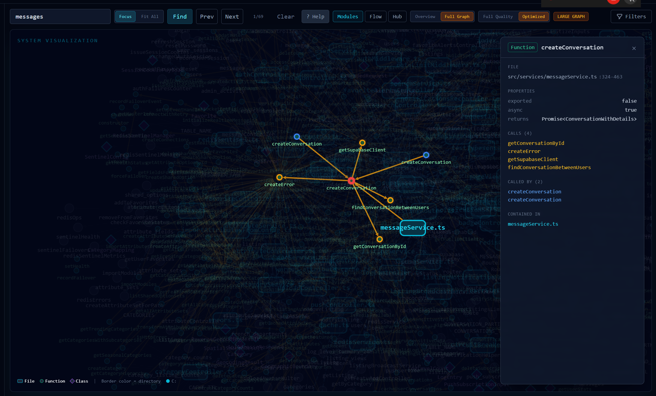 Nomik focused search — function detail panel with callers and callees
